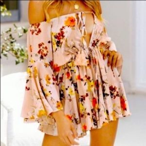 Waterschic Moral Of The Story Ruffled Floral Romper Pink and Orange Small